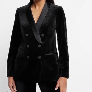 Express Velvet Shawl Satin Collar Double Breasted Tuxedo Blazer in Black Medium